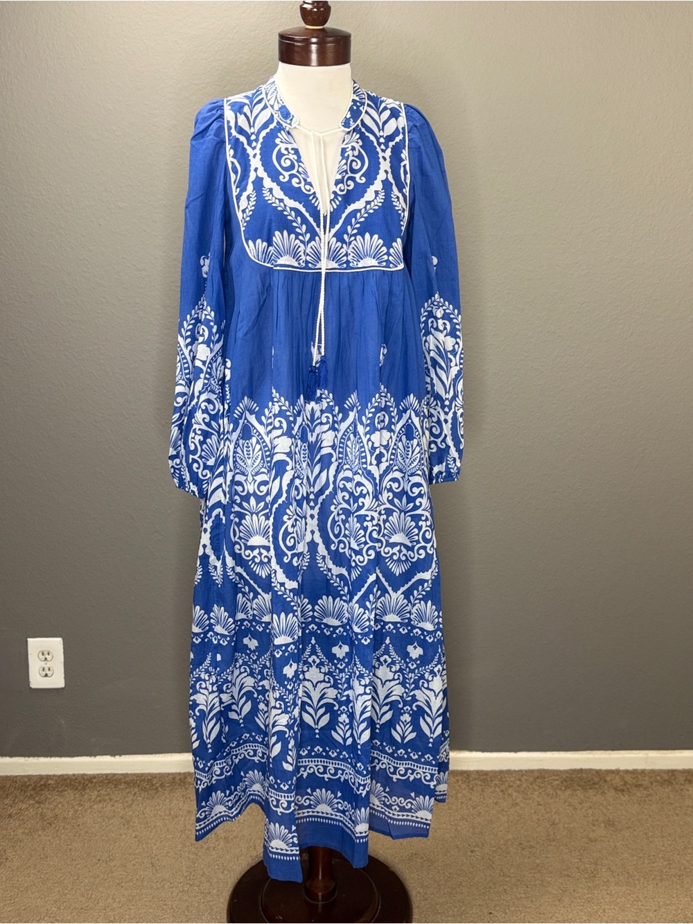 Boden NWT Blue White Boho Tie Neck Kaftan Dress Sz 2 Vacation Wedding Guest - Picture 9 of 15